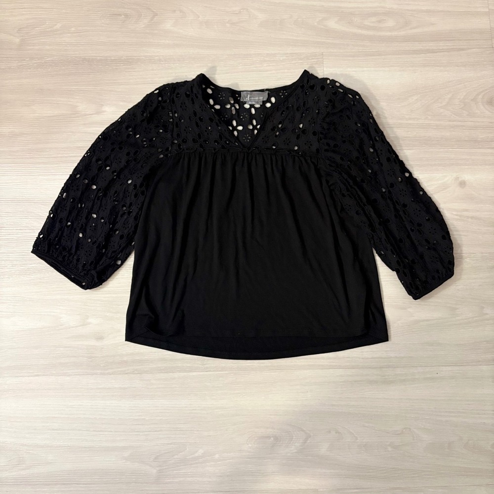 Anthropologie Black Eyelet Lace Yoke Blouse 3/4 Balloon Sleeve V-Neck Top Medium
